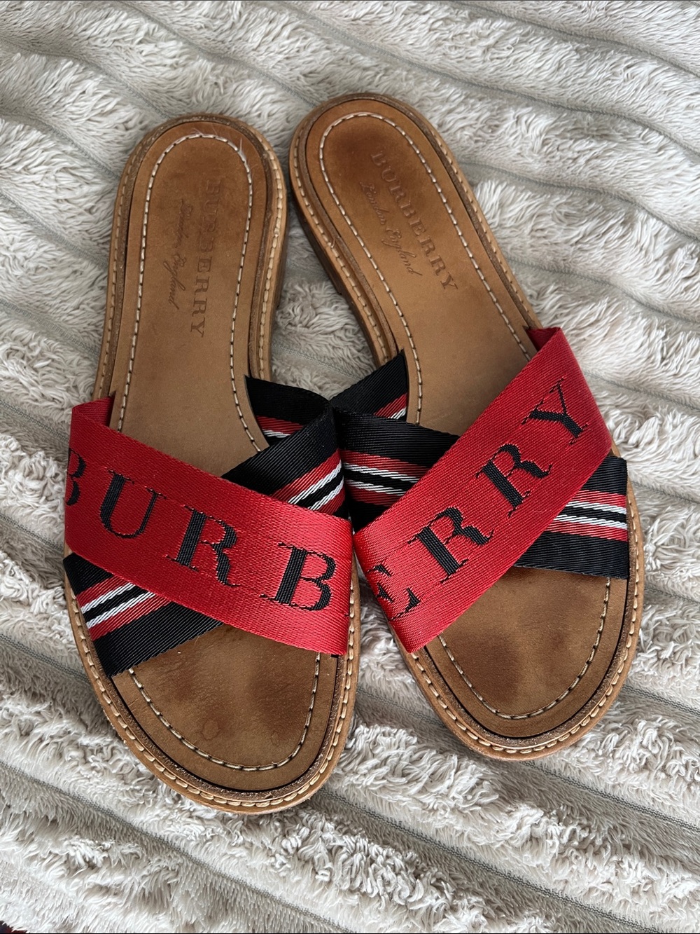 Burberry Red & Black Logo Crossband Slides